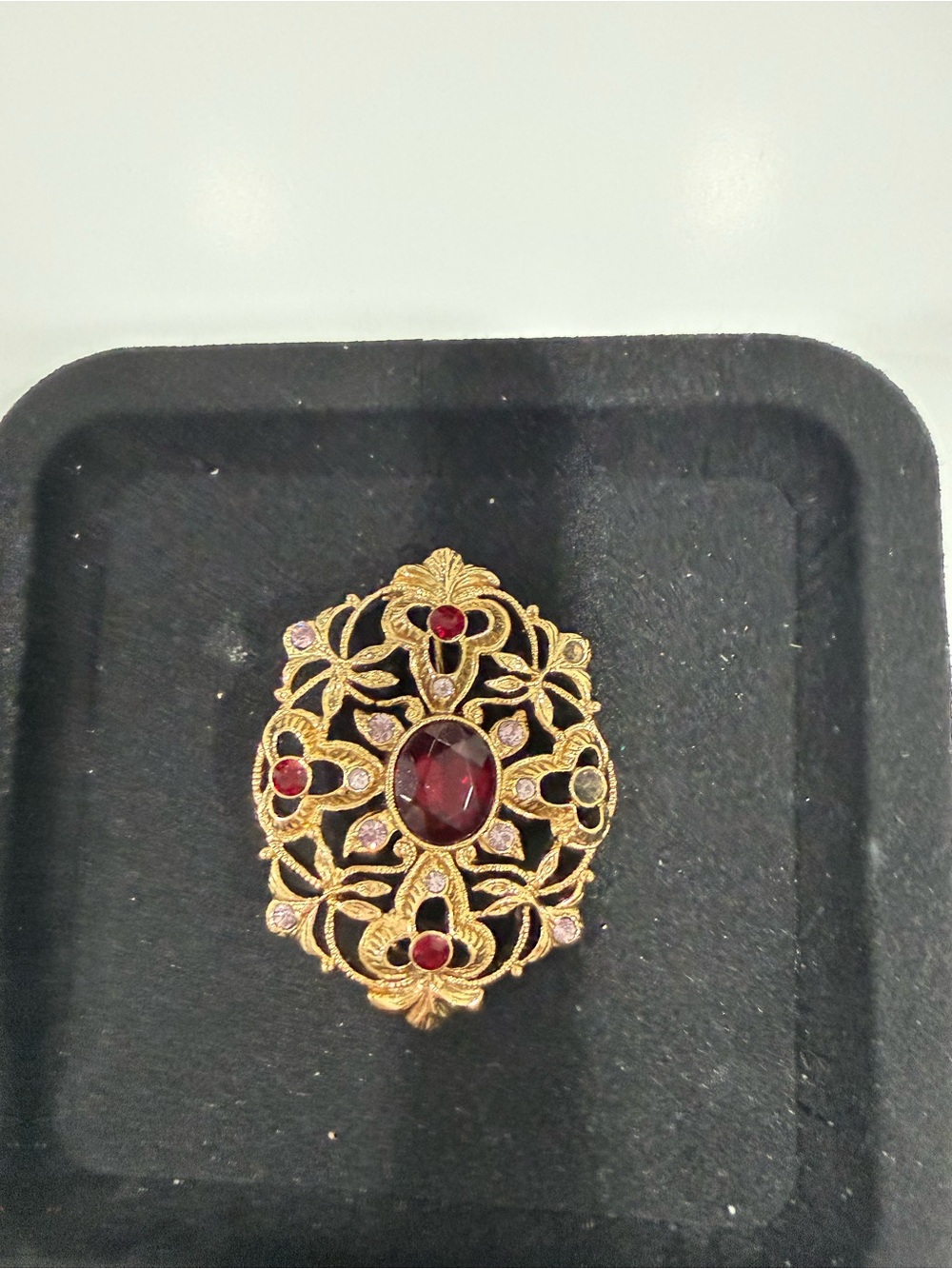Gold Filigree Brooch with Deep Garnet Stones